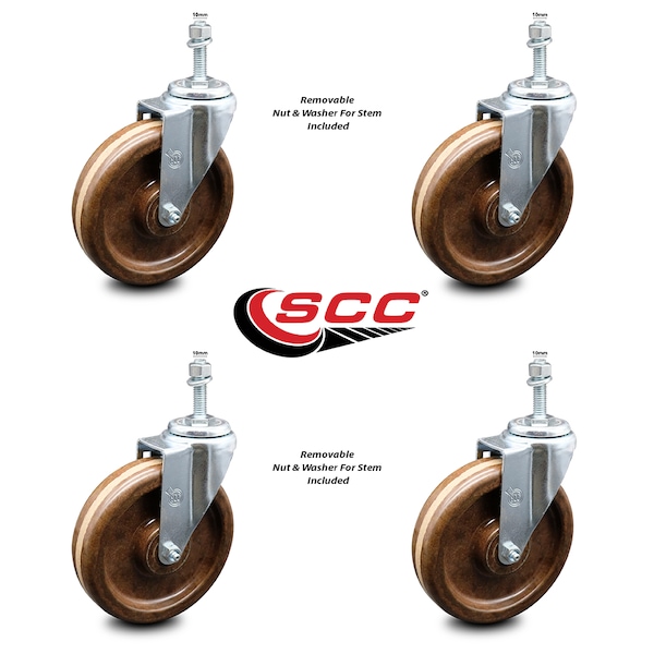 6 Inch High Temp Phenolic Wheel Swivel 12mm Threaded Stem Caster Set SCC